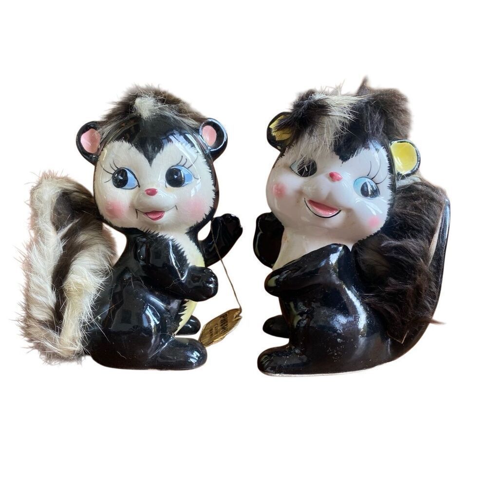 Vintage Phewie and Stinky Ceramic Skunk Bank with Fuzzy Fur Accents by Napco Jap